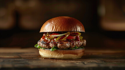 Decadent Gourmet Delights: Appetizing Product Photography of Gourmet Burgers with Premium Foie Gras Toppings on Wooden Board Plates