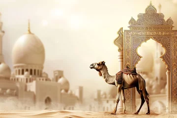 Foto op Plexiglas Illustration of a backdrop Eid al-Adha banner design with camels and a free space for text or product advertisement, Generative AI. © Noobs
