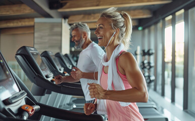 A woman with short blonde hair wearing pink fitness attire is running on a treadmill in front of her husband who has a gray beard. - obrazy, fototapety, plakaty