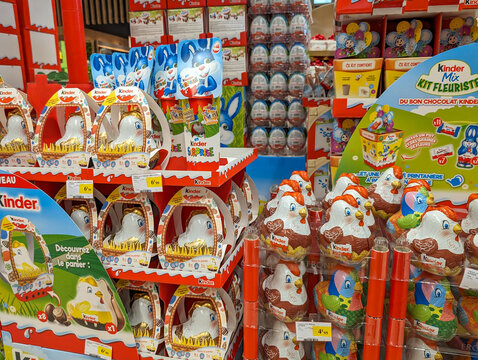 France, 23 March 2024: Assorted Easter Kinder Chocolate Products Display.