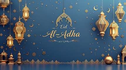 Illustration of a backdrop written with Eid al-Adha with Arabian style of theme a background illustration for text or product, Generative AI. - obrazy, fototapety, plakaty