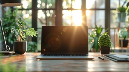 A laptop kept on a clean wooden table with a beautiful nature view from window with space for text or product backdrop, Generative AI.