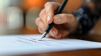 Detailed view of a hand signing a formal document with a black fountain pen  blurry modern office setting behind  emphasizing the moment of agreement