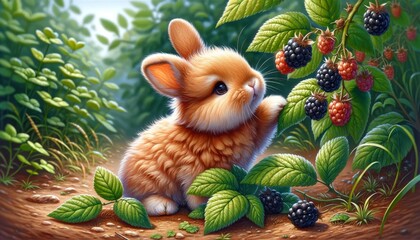 A curious, fluffy bunny explores a lush garden, reaching for ripe berries among the vibrant greenery, evoking the innocence of nature's bounty. - obrazy, fototapety, plakaty