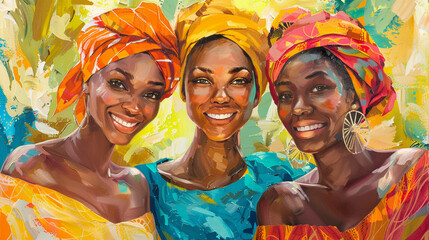 Colorful portrait of three women adorned in bright dresses and headscarves  their smiles reflecting unity and diversity