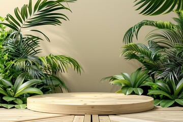 Beautiful round wooden empty podium for product stage, mockup product display