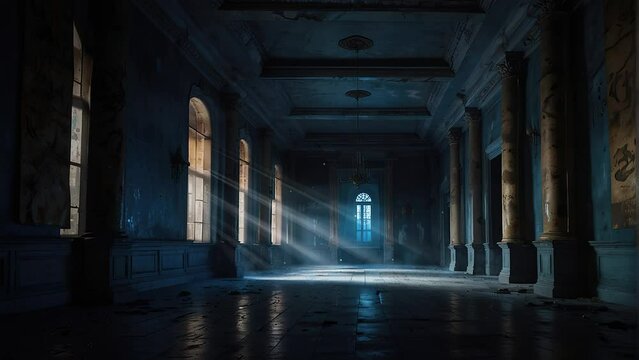 Step into the chilling atmosphere of an old building's corridor room engulfed in fog in this eerie 4K looping video, where shadows lurk around every corner
