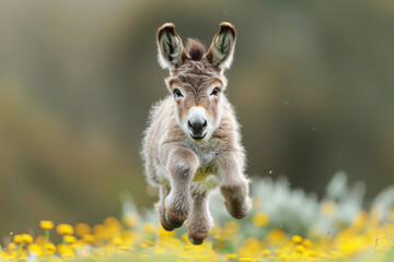 A baby donkey running through a field of yellow flowers. Concept of innocence and playfulness, as the young donkey is full of energy and curiosity. a cute and exuberant baby donkey takes center stage - obrazy, fototapety, plakaty