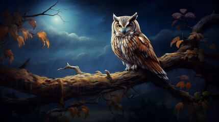 owl sitting on a tree - obrazy, fototapety, plakaty