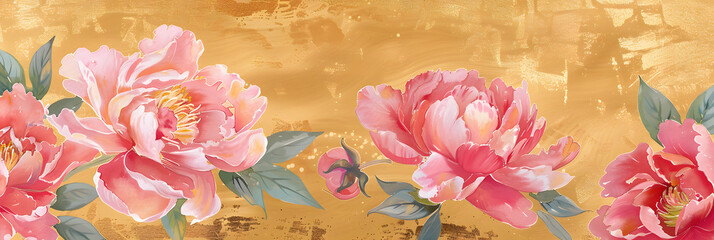 pink delicate watercolor peonies on gold background close-up horizontal orientation