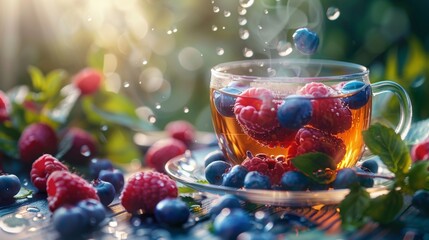 A cup of hot berry tea with raspberries and blueberries, highlighted by natural sunlight and water...