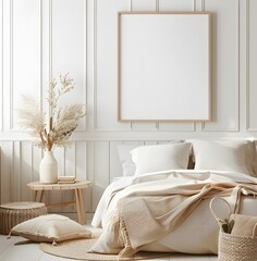 empty vertical rectangle frame mockup, placed on the wall of a bedroom