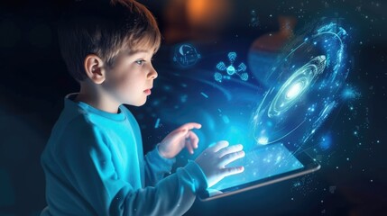 A young child is immersed in learning, exploring a virtual globe with an interactive display that...