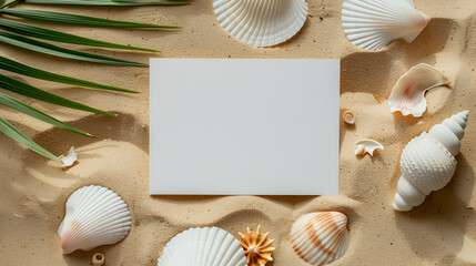 a mockup of a blank wedding invitation on sand with shells