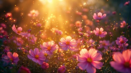 Beautiful flowers growing in a field, garden, vegetable garden. Multi-colored flowers. Sunset rays.