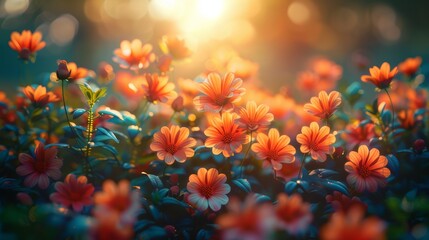 Beautiful flowers growing in a field, garden, vegetable garden. Multi-colored flowers. Sunset rays.