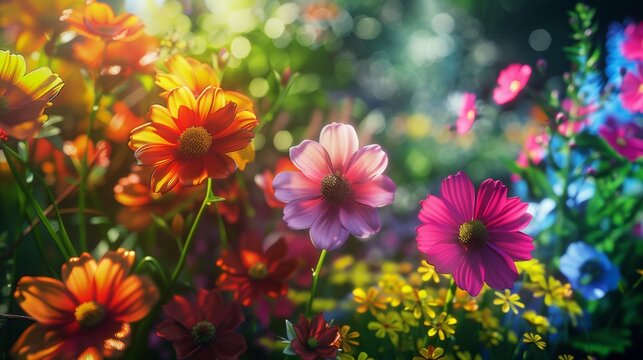 Beautiful flowers growing in a field, garden, vegetable garden. Multi-colored flowers.