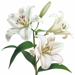 An illustration of pure white lily flowers with detailed petals and stamens, symbolizing purity and grace, isolated on a white background.