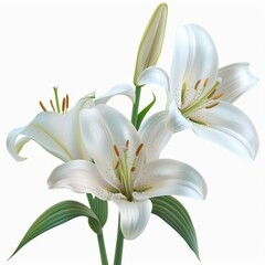 A trio of white lilies blooms with elegance, their curved petals and golden stamens captured in a lifelike botanical portrait, embodying tranquility and natural beauty.