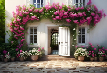 Floral Charm: A quaint old house adorned with flowers, featuring a flower-filled door and charming windows, nestled in a picturesque European city