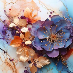 Luxurious golden leaves complement the deep purples and oranges of alcohol ink flowers, creating an elegant dance of watercolor splashes.
