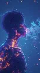 A man is smoking a cigarette. The smoke is coming out of his mouth and it looks like a galaxy.