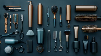 Hairdressing supplies on a dark background, hairdressing tools, scissors, comb. Beauty salon concept. - obrazy, fototapety, plakaty