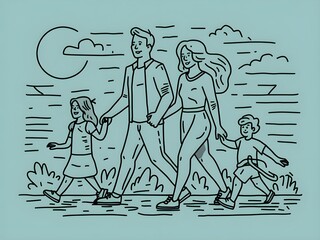 illustration of a family walking together line art 