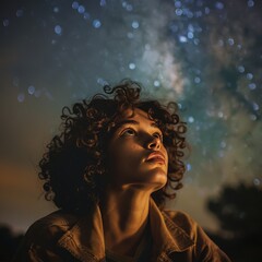 A contemplative young woman with curly hair gazing upward, bathed in the soft glow of a star-filled night sky.