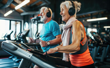 Fototapeta na wymiar A woman with short blonde hair wearing pink fitness attire is running on a treadmill in front of her husband who has a gray beard.