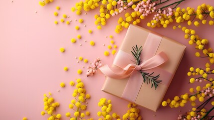 Top view of a clean surface decorated with mimosa flowers and a gift box with space for text or product, Generative AI.