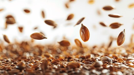 A clsoe shot of flaxseeds falling on a white backdrop with a big space for text or product advertisement, Generative AI. - obrazy, fototapety, plakaty
