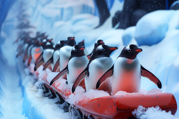 A group of penguins are riding a red sled down a snowy hill. penguins enjoying the ride. penguins...