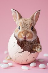 A cute bunny peeking out from a cracked Easter egg on a soft pink background.