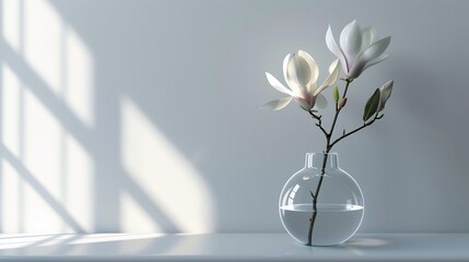 A delicate magnolia flower stands elegantly in a clear glass vase on a white table
