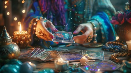 A psychics hands reveal tarot cards during a mystical reading