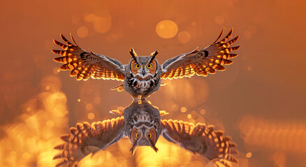 A large owl is flying in the air with its wings spread wide. The image has a warm, golden hue that gives it a peaceful, serene atmosphere. a grey squirrel owl flying in the sky