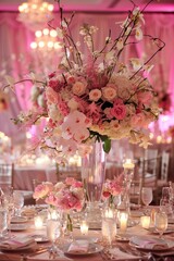 A romantic wedding venue adorned with elegant pink floral arrangements. - obrazy, fototapety, plakaty