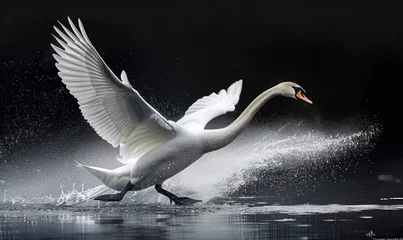 Deurstickers Elegant swan gracefully gliding over the water, wings spread wide against a backdrop of golden sunlight, capturing motion and grace © Kien