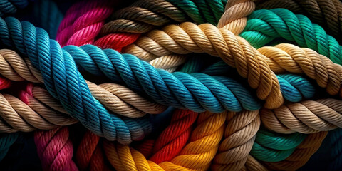 Team rope diverse strength connect partnership together teamwork unity communicate support. Strong diverse network rope team concept integrate braid color background cooperation empower power. - obrazy, fototapety, plakaty