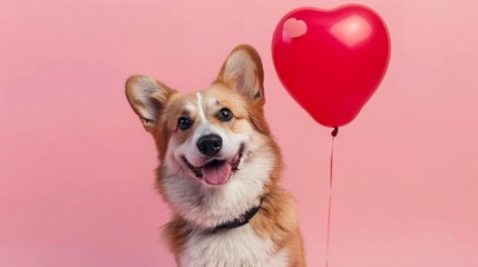 An adorable Corgi dog with a heart-shaped balloon tied to its collar against a soft pink background - obrazy, fototapety, plakaty