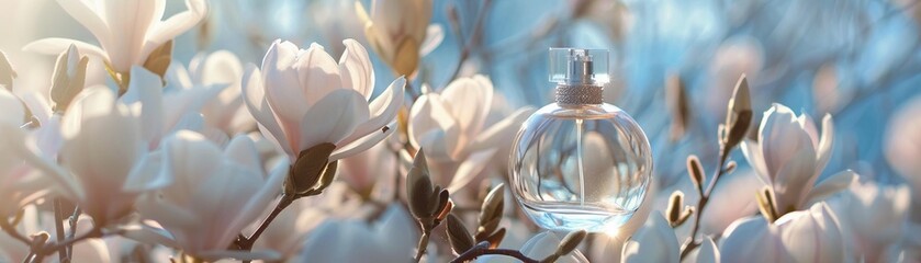 Elegant perfume bottle nestled among delicate white magnolia flowers with a soft blue sky in the...