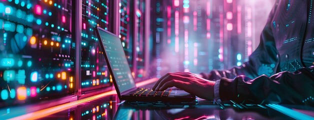 Digital twin technology for data center control systems. Person typing on keyboard with laptop
