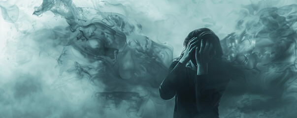 person holding their head in despair, surrounded by swirling clouds of anxiety and stress. - obrazy, fototapety, plakaty