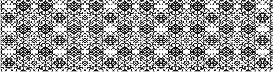 Elaborate black and white seamless pattern with intricate arabesque and floral designs for sophisticated artistic backgrounds