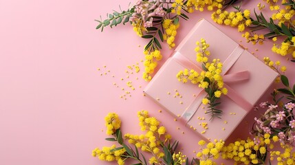 Top view of a clean surface decorated with mimosa flowers and a gift box with space for text or product, Generative AI. - obrazy, fototapety, plakaty