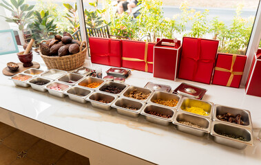 Ingredients for making handmade chocolates and candies in a workshop