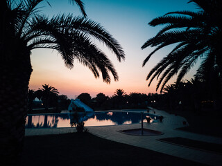 Soleil couchant sur une grande piscine avec les silhouettes des palmiers. Crépuscule sur un camping de vacances. Ambiance détente. Se reposer et admirer le paysage de la piscine et des palmiers.  - obrazy, fototapety, plakaty