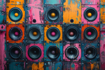 Wall consisting of large multi-colored music speakers. Musical background