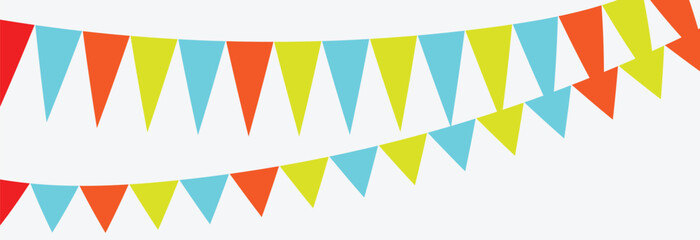 Festive flag garland vector illustration. Colorful paper bunting party flags isolated on white background.  Decorative colorful party pennants for birthday celebration, festival and fair decoration 
